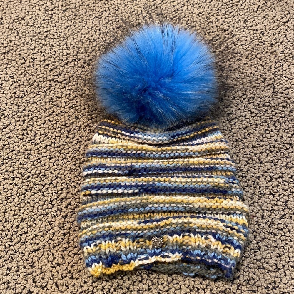NWOT Knit Hat with Rhinestone Embellishment and Faux Fur Pom Pom